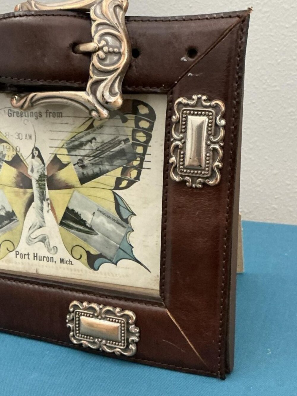 Vintage Leather Buckle Picture Frame 1910 Butterfly Girl Postcard - Picture 4 of 14